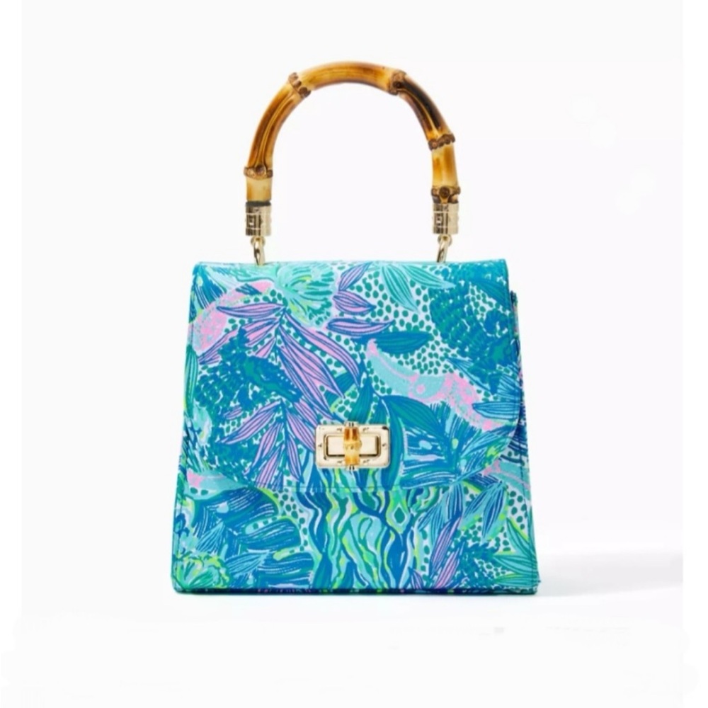 Lilly Pulitzer Blue and Pink Satchel with Bamboo‎ Handle